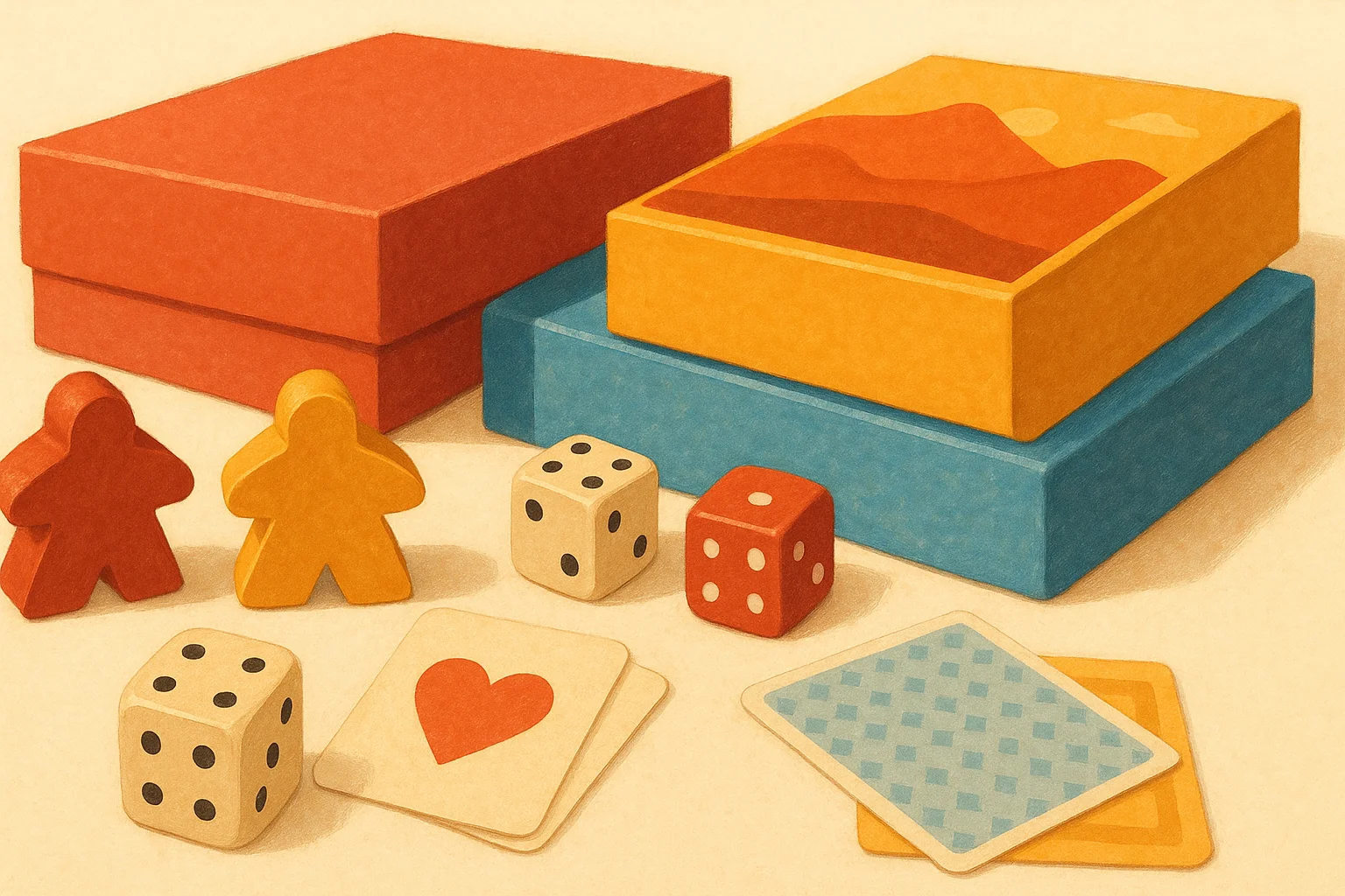 Boîtes de jeux de société colorées, meeples en bois et dés sur une table
