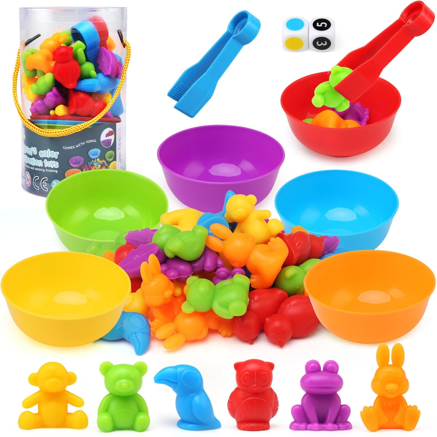 LEADSTAR - Jeux Montessori de comptage et tri avec gobelets, dés et pinces - 48 animaux — photo produit