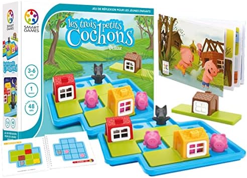 SmartGames - Les Trois Petits Cochons - Jeu de Réflexion - Protégez Les Petits Cochons du Loup - Livre de Conte Illustré et Livret de 48 Défis Inclus - 1 Joueur - pour Enfants de 3 à 6 Ans — photo produit